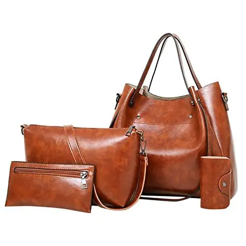 Produktbild: & KartenhüLlenRolltop Rucksack Damen Casual Reto FashionLeder Damen Handtasche 4-teiliges Set Umhängetasche Handtasche Tote Shopper Geldbörse Taschen Kleiner Geldbeutel HerrenRanzen (Brown, One Size)